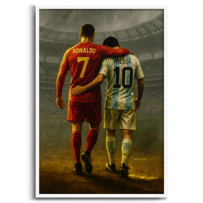 quadro moderno cristiano ronaldo messi abbraccio stadio calcio champions league  cornice bianca
